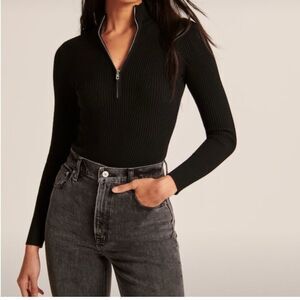 Abercrombie & Fitch Half Zipped Black Ribbed Long Sleeve Collared Top